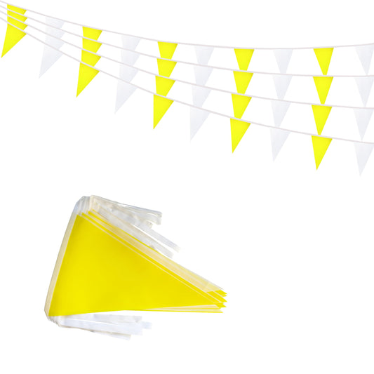 Rotenl 50 Feet 30 Pcs Yellow and White Pennant Banner Flags String Hanging Triangle DIY Flags, Bunting Streamers Decorations for Grand Opening, Birthday, Wedding, Party Celebration (1)