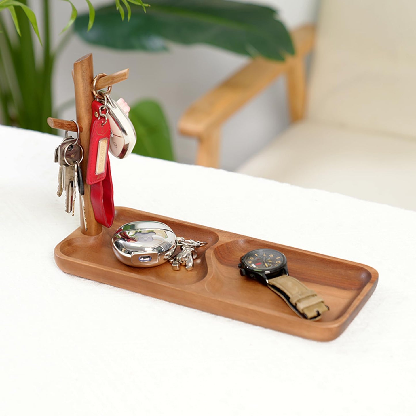 HODAKJUE Wooden Jewelry Stand, 2-in-1 Entryway Key Tray & Desk Organizer, Multi-Compartment Vanity Jewelry Holder, Solid Wood Entryway Organizer for Necklaces, Rings, Earrings, Minimalist Home Decor
