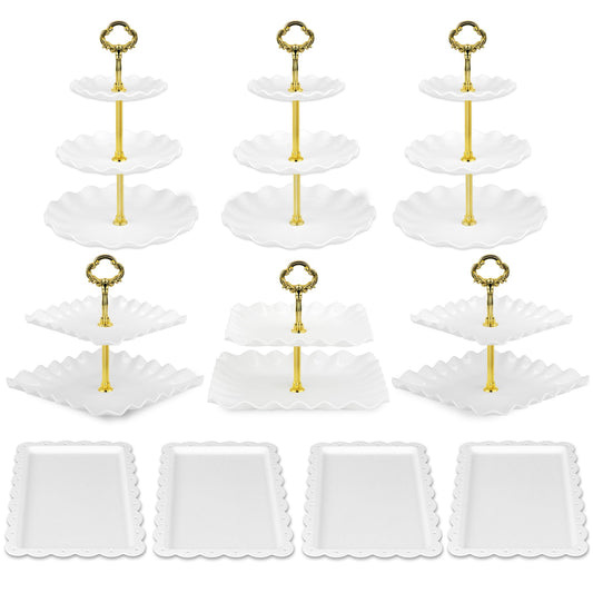 Pack of 10 NWK Cake Stand Set, with 3 x Two-Tier and 3 x Three-Tier Cupcake Stands, 4 x Appetizer Trays, 1 x Tablecloth for Birthday Bridal Baby Shower Party (Gold)