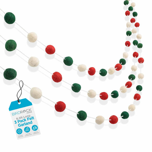 BIRDROCK HOME 3-Pack Felt Garland | 6.5ft or 78in Long Christmas Decoration with 24 Pom Pom Balls in Red, White & Green. Ideal for Trees, Fireplace Mantels, Stairs, Walls & Festive Holiday Decor Ideas