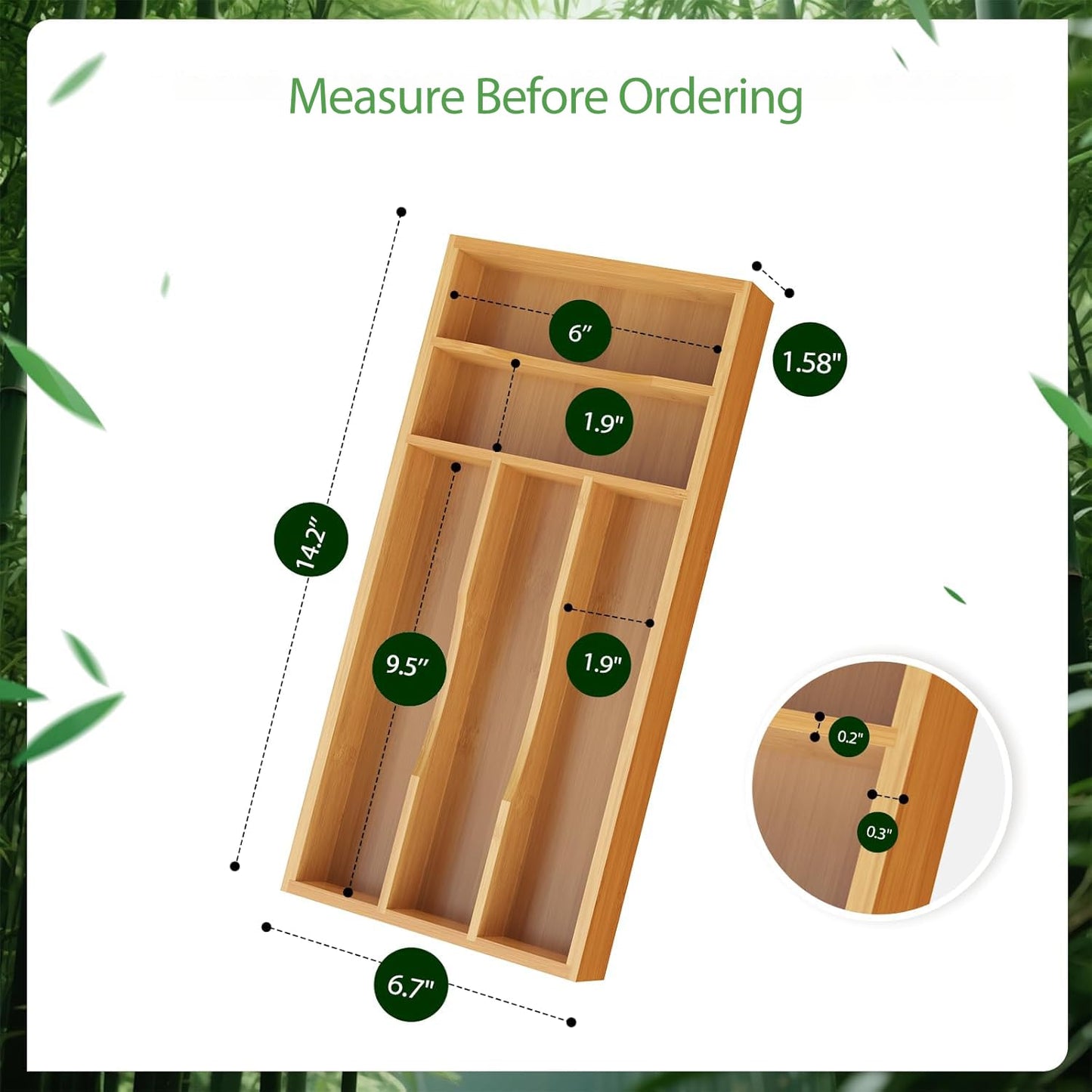 Bayting Small Silverware Organizer, Bamboo Kitchen Drawer Cutlery Organizer, Utensil Holder, Flatware Organizer Tray (14.2"x6.7"x1.6")
