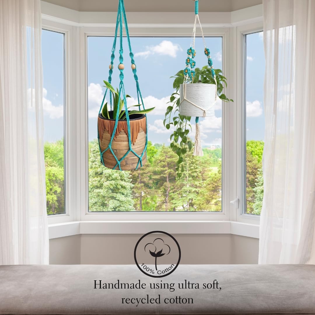 Set of 2 Macrame plant hanger with Daisies & Beads | Hanging plant holder Macrame Plant hangers outdoor and indoor hanging planters Plant stand indoor Boho Decor hanging planter stand (Ocean Teal)
