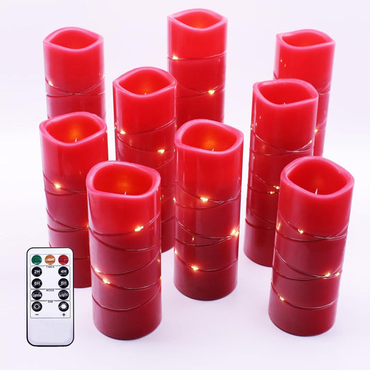 Pierty Red Real Wax Flameless Candles, 9-Piece Set with 2 Remote Controls, Featuring Realistic LED Lighting Effects. Ideal for Home Decor and Holiday use. Battery-Powered.