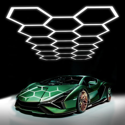 cezelux Hexagon Garage Lights: 68 Pack 17 Honeycomb Hexagon LED Light 6500K 60500LM 550W 5X2.4m Garage Lights Ceiling LED Wall Lighting for Gym Basement Warehouse Car Detailing Salon Workshop