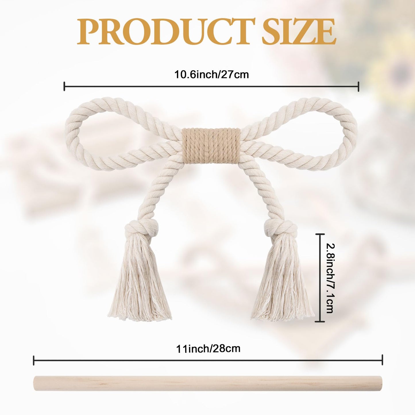 NICEEC 2 Pack Natural Cotton Rope Curtain Tiebacks Boho Rustic Style Decorative Drape Tie Backs Farmhouse Hand-Woven Rope Curtain Holdbacks with Wood Club for Home & Office Drapery (Cotton knot-Beige)