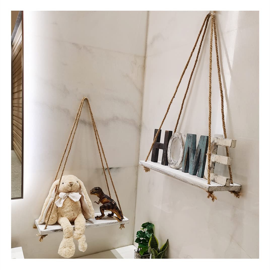 HoreZer 2-Piece Rustic White Wood Shelf Set, Hanging Floating Shelves with 4 Hooks and Ropes, Modern Style for Kitchen, Bathroom, Living Room