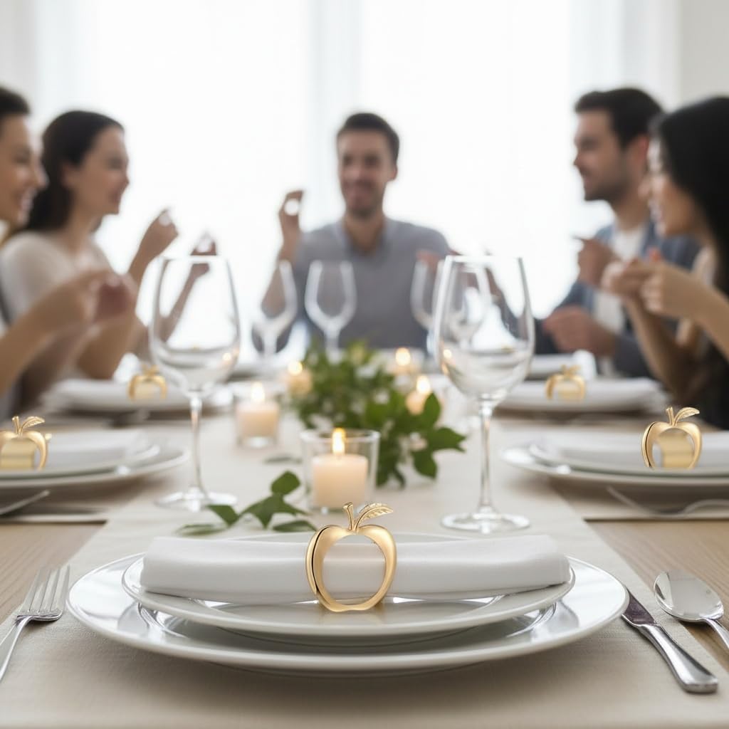 Exquisite Apple-Shaped Napkin Rings with Leaf and stem - Elegant rosh hashanah Table Decor for Formal Dinners and Holiday Celebrations - Set of Polished Metal Rings for Napkins (12, Gold Apple)