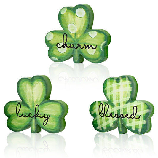 Smile St.Patrick's Day Wooden Shamrock Block Decor Set of 3 Lucky Blessed Charm Clover Ornaments, Tabletop Shelf Lucky Decoration