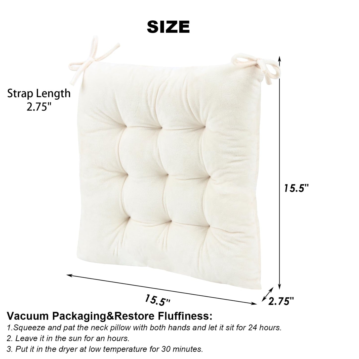 MissSoul 2 Pack Square Seat Cushion Chair Pads for Kitchen Dining Chairs, Soft Comfort Velvet Chair Mat Pillow Cushions with Ties for Office Desk Living Room Tatami 15.5", Ivory
