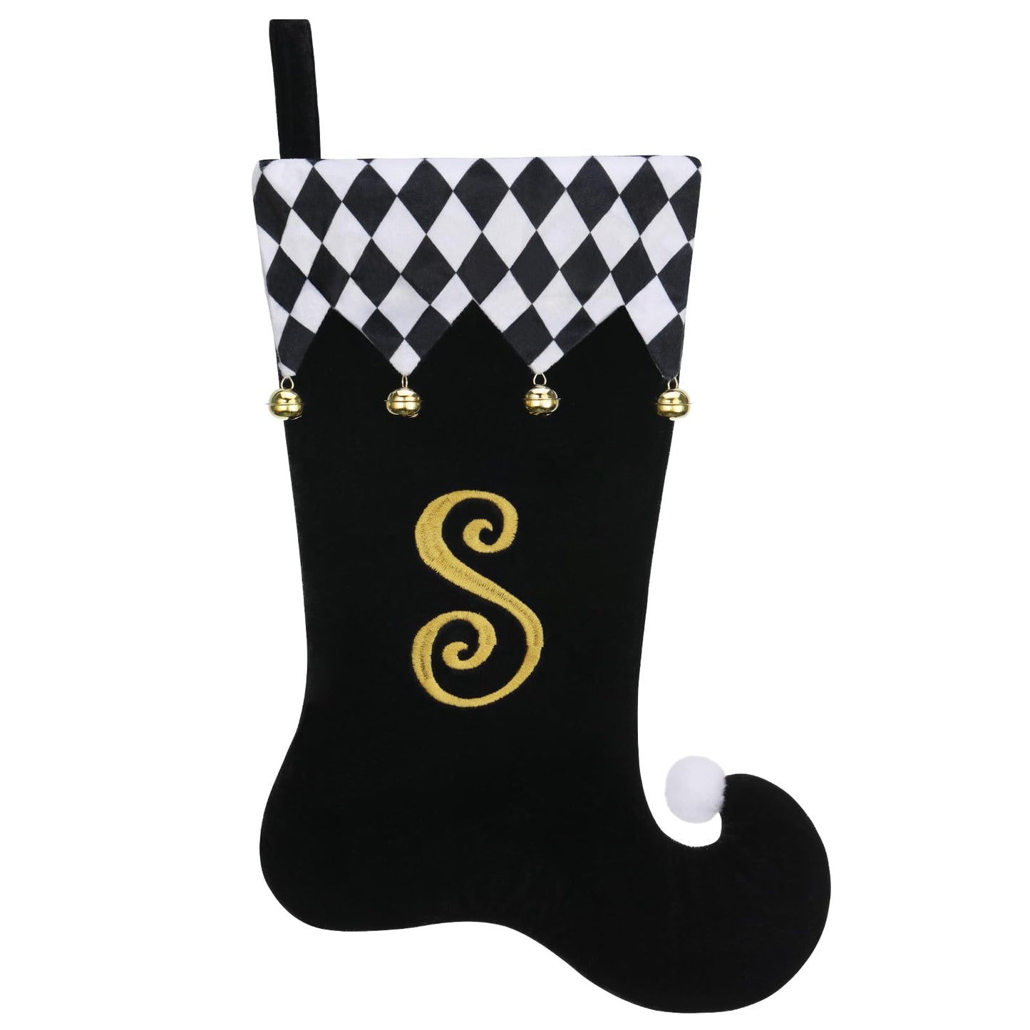 TWSANTAMAS Personalized Elf Christmas Stocking - 19 Inch Black Velvet with Gold Monogram, Checkered Cuff & Bells, Fireplace Decor S
