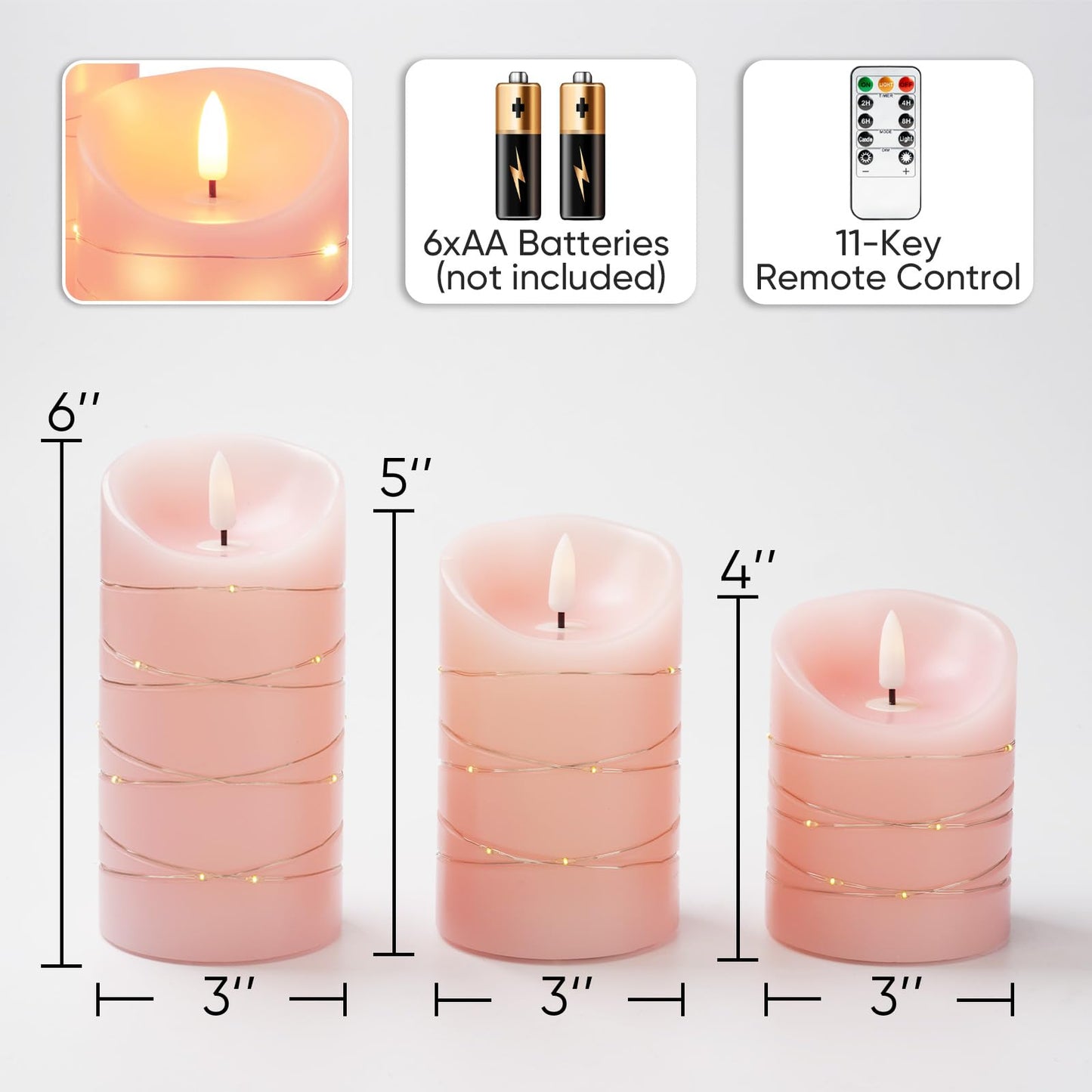 Homemory Flameless Candles with String Lights, 3 Pack Embedded Fairy String Lights LED Candles, Electric Flickering Candles with Remote Control and Timer, Real Wax, Pink