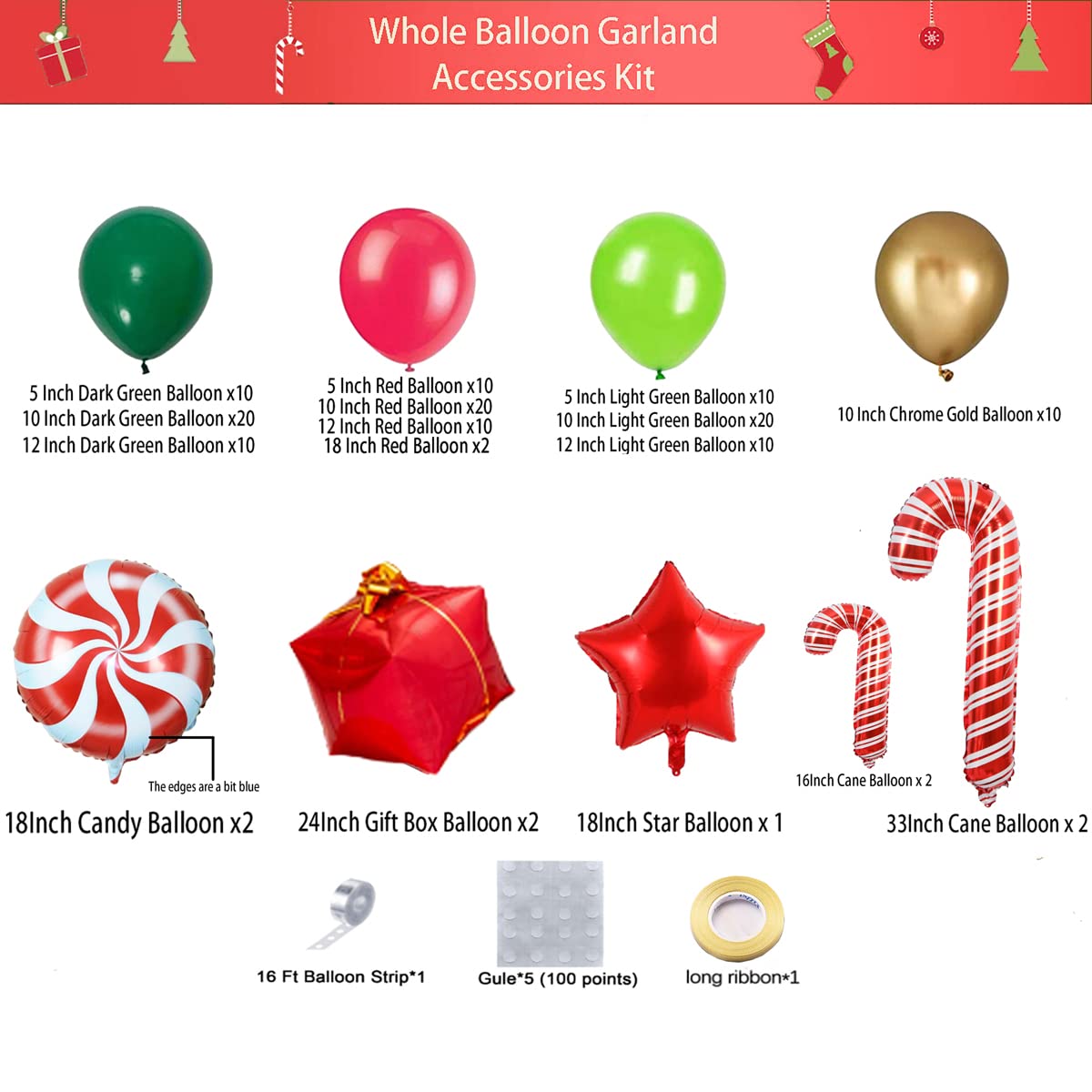 Bonropin Christmas Balloon Garland Arch kit with Xmas Red Gold Dark Green Balloon Fresh Green Balloon and Candy Balloons Gift Box Balloons Red Star Balloons Rich for Christmas Party Decorations