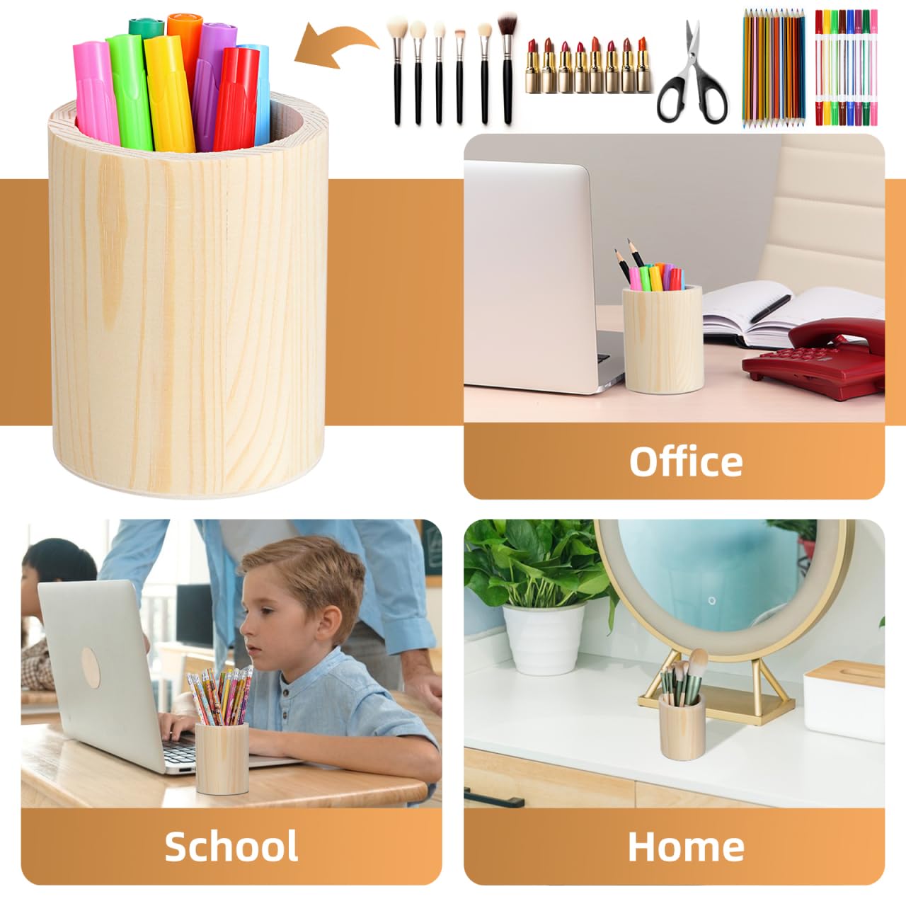 ARTIBETTER 2pcs Unfinished Wooden Pencil Holder Pine Pen Cup Wood Desk Pencil Holder Stand Rustic Makeup Brush Storage Kitchen Cookware Organizer for DIY Graffiti Round