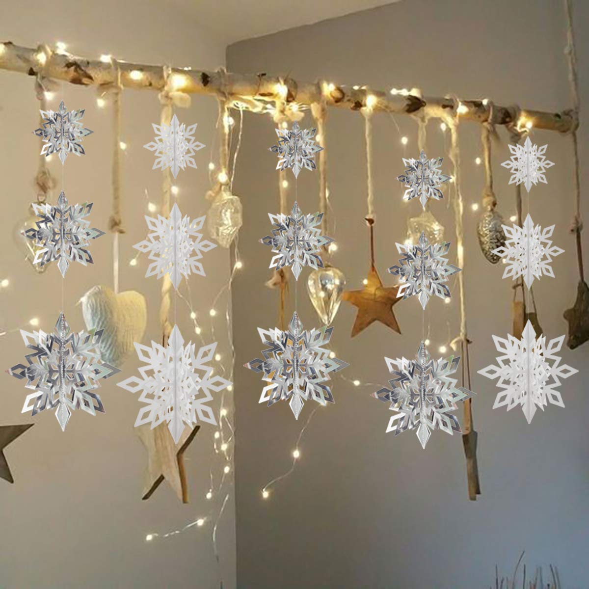 Crafare Christmas 3D Hanging Snowflakes Ornaments 3 Size 18PCS White Silver Snowflakes Hanging Garland for Winter Wonderland Holiday New Year Party Home Decoration