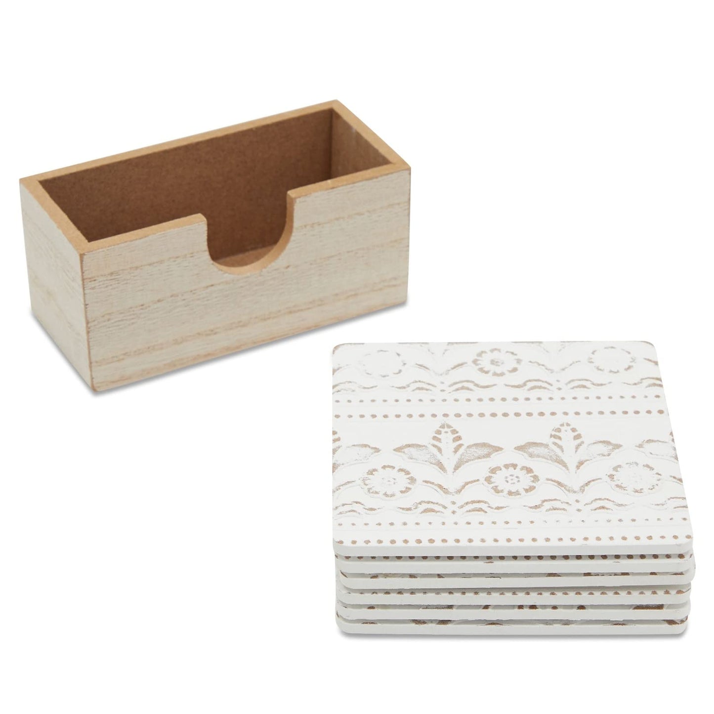 Juvale Wooden Coasters Set of 6-3.8 in, White, Square, Farmhouse Style - Coaster Holder for Coffee Table & Bar Decor - Kitchen & Living Room Decor