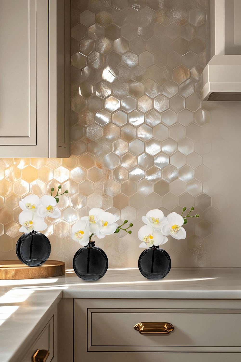Oairse White Orchids Artificial Flowers Faux Orchids Arrangement in Black Glass Vases Set of 3 Real Touch Phalaenopsis Orchid Flowers Small Fake Orchid Centerpiece for Dining Room Table