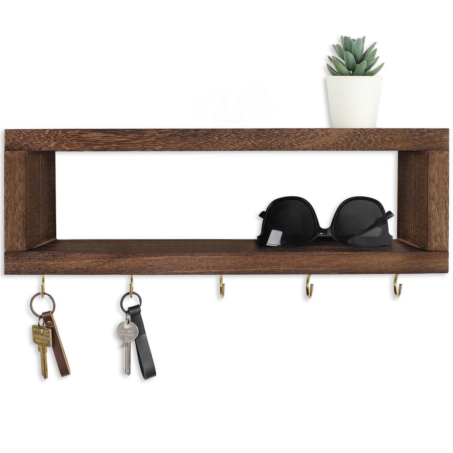 Lwenki Wall Shelf with Hooks - Decorative Key and Wallet Holder for Wall Holds Sunglasses, Leashes, Scarves and Lanyards - 15.7" x 5.1" x 2.9" Entryway Organizer Made of Paulownia Wood (Brown)