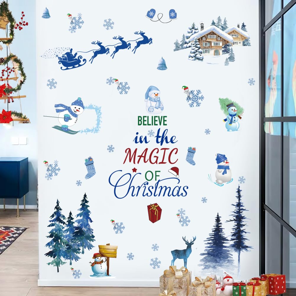 Santa Claus Christmas Tree Wall Sticker - Removable Vinyl DIY Wall Decor for Party, Playroom, Bedroom, Classroom, Living Room - Blue