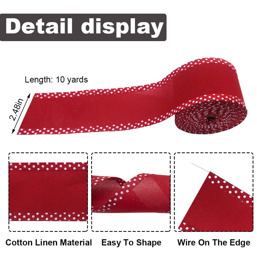 Red Wired Edge Ribbons 2.5" 10 Yards, Spring Solid Wired Edge Decoration Fabric Craft Ribbon Burlap Wrapping Ribbon for Holiday Party Wrapping DIY Craft Wedding Decoration Wreaths Bow