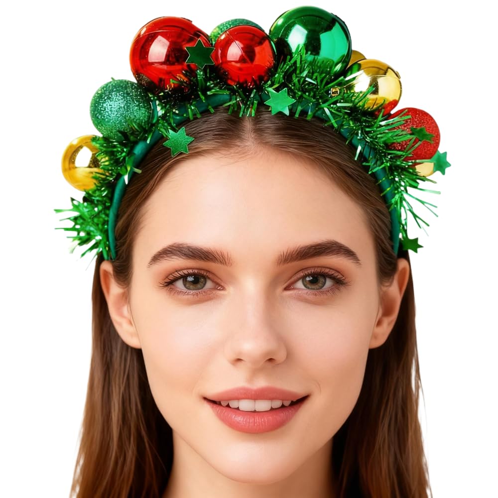 Ankelesz Christmas Headbands for Women, Red Green Balls Hair bands Cute Festive Party Hair Accessories