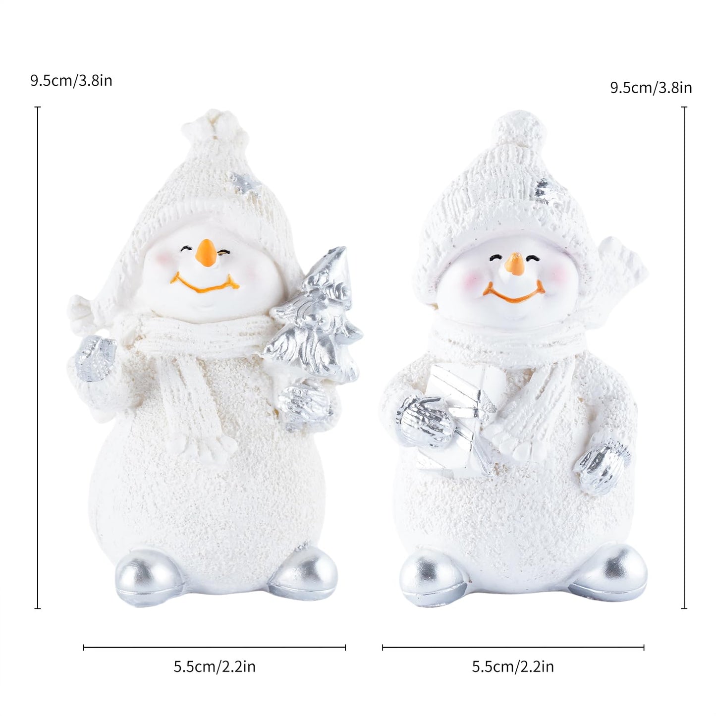 Brizoria Snowman Figurines Set of 2 White Resin Christmas Decorations with Silver Accents Winter Mantel Decor and Holiday Centerpieces for Table Home Indoor Tiered Tray Room Display