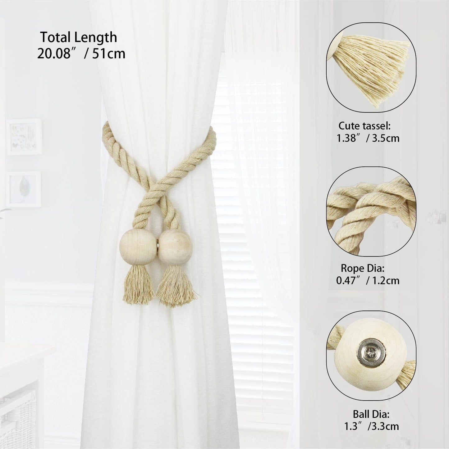 Nieffeiy 2 Pack Magnetic Curtain Tiebacks Cotton Hand Woven Tie Back Decorative Rope Holdbacks for Curtains Draperies No Tools Required, Dark Beige