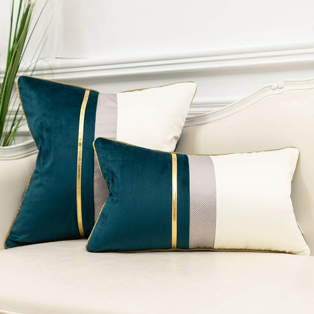 Avigers 20 x 20 Inches Teal White Gold Leather Striped Patchwork Velvet Cushion Case Luxury Modern Throw Pillow Cover Decorative Pillow for Couch Living Room Bedroom Car