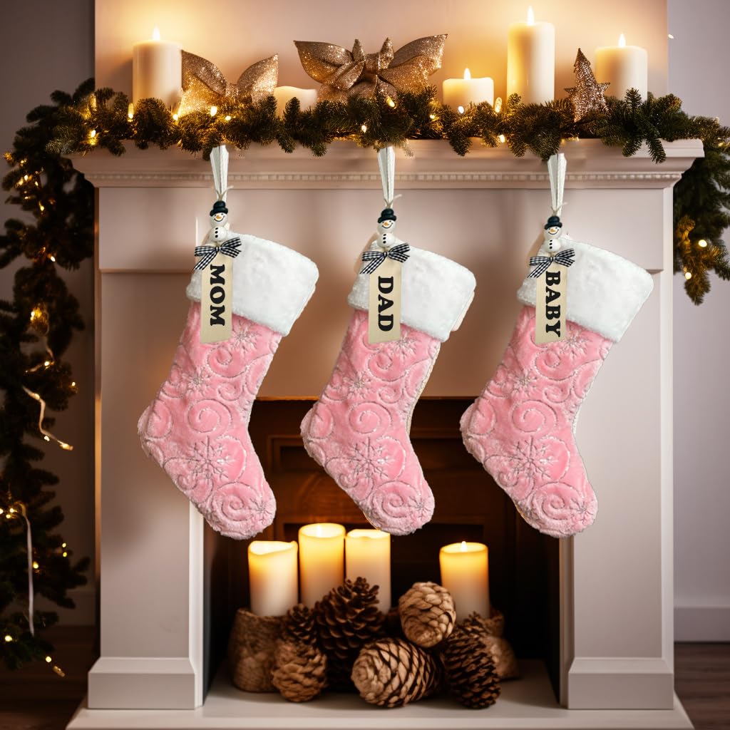 AOGU 3Pack 19 Inch Sequin Faux Fur Christmas Stockings Sequin Snowflake Hanging Ornaments Candy Gift Bags for Christmas Decorations Pink