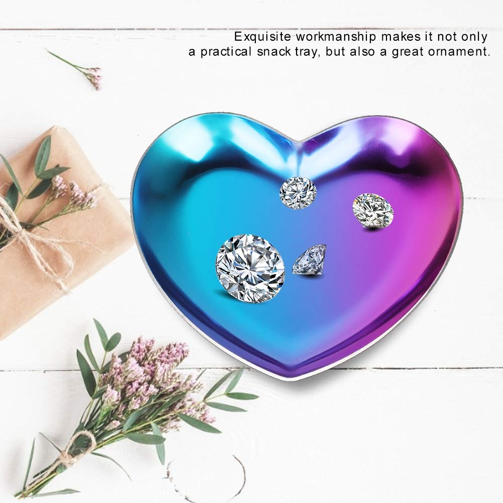 Stainless Steel Jewelry Tray, Heart Shaped Trinket Dish for Rings Earrings Necklaces Bracelet Watch Keys, Plate Tea Tray Fruit Tray Cosmetics Jewelry Organizer Box(Colorful)