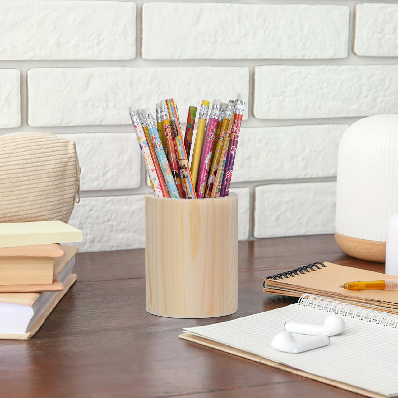 ARTIBETTER 2pcs Unfinished Wooden Pencil Holder Pine Pen Cup Wood Desk Pencil Holder Stand Rustic Makeup Brush Storage Kitchen Cookware Organizer for DIY Graffiti Round