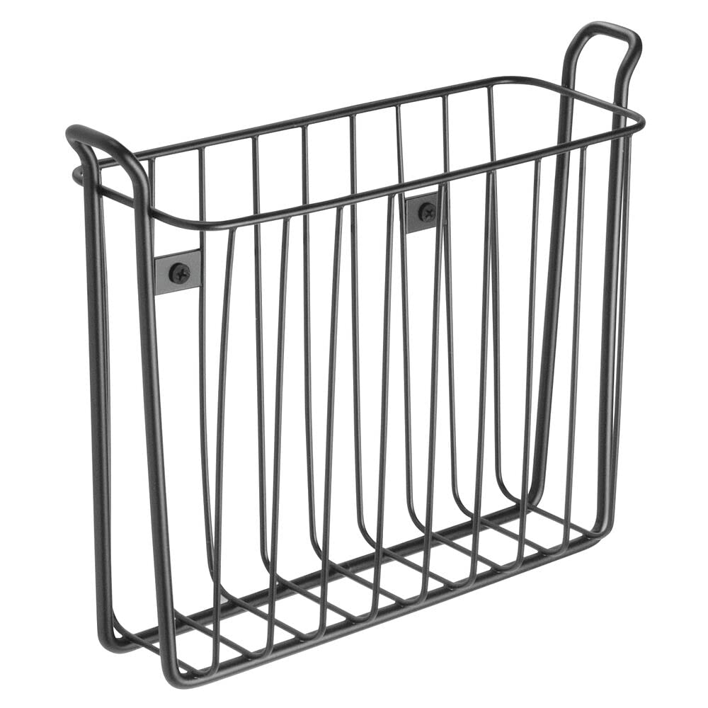 mDesign Metal Wall Mount Decorative Magazine Rack Organizer Bin Holder, Basket for Living Room, Bathroom, Bedroom, Home Office - Holds Books, Newspapers, Tablets - Concerto Collection - Black