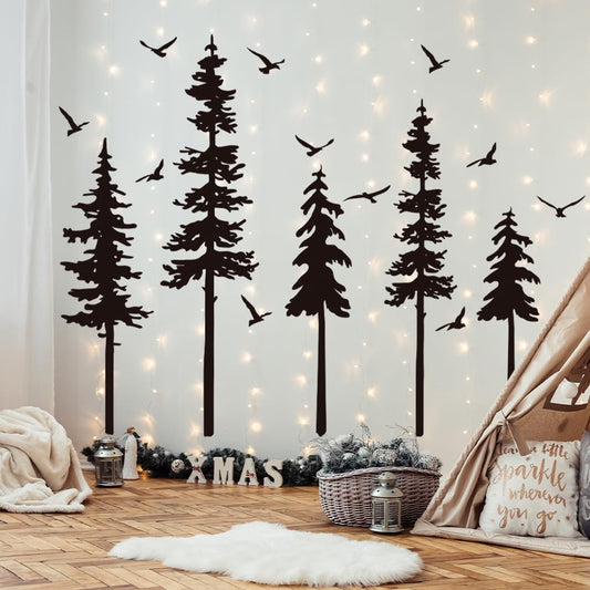 Large Pine Trees Wall Decals Black Forest Wall Stickers Christmas Decoration Wallpaper Woodland Animal Birds Mural Decals Peel and Stick Vinyl Wall Art Stickers for Bedroom