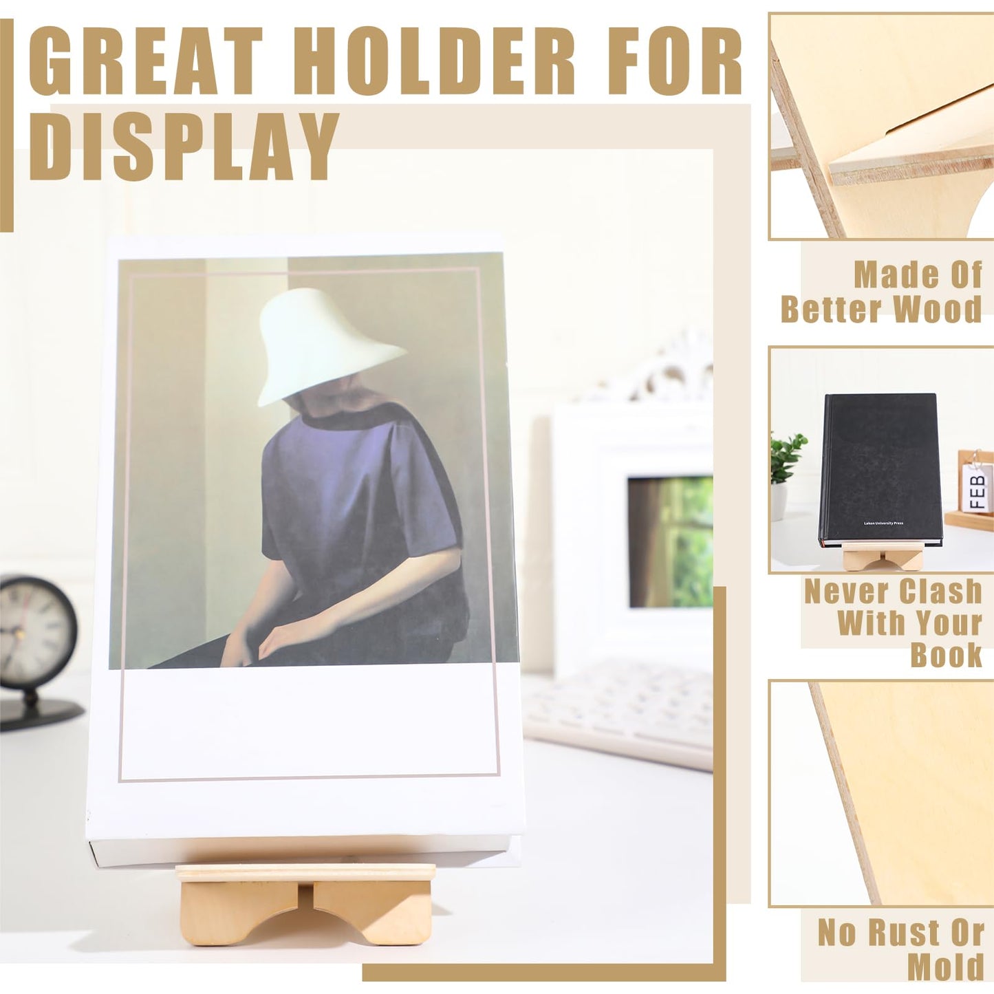 Memorywuu 4 Pack Wooden Book Stand for Display Book Holder Easel Stand Collector Display Back to School Gift for Home Office Album CD Magazine Comic Postcard Picture Artworks