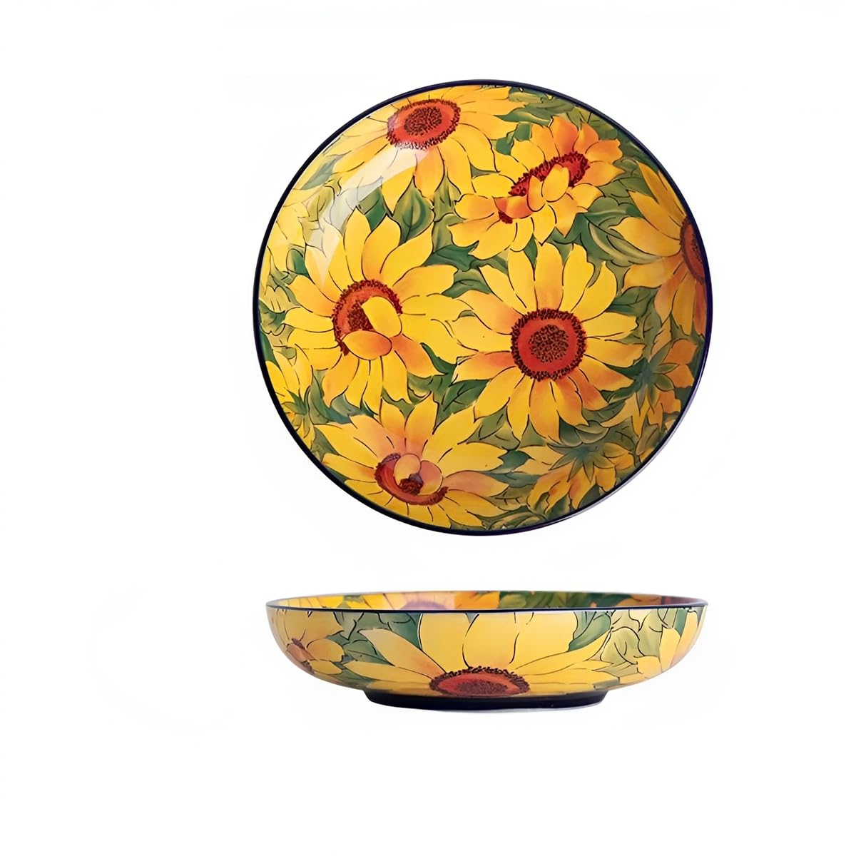 RiJinDuoJin Hand-Painted Ceramic Plates with Lifelike Sunflower Patterns, Smooth Glossy Decorative Serving Plates for Salads, Snacks, Fruits & Appetizers, Warm Cozy Home Dining Ambiance