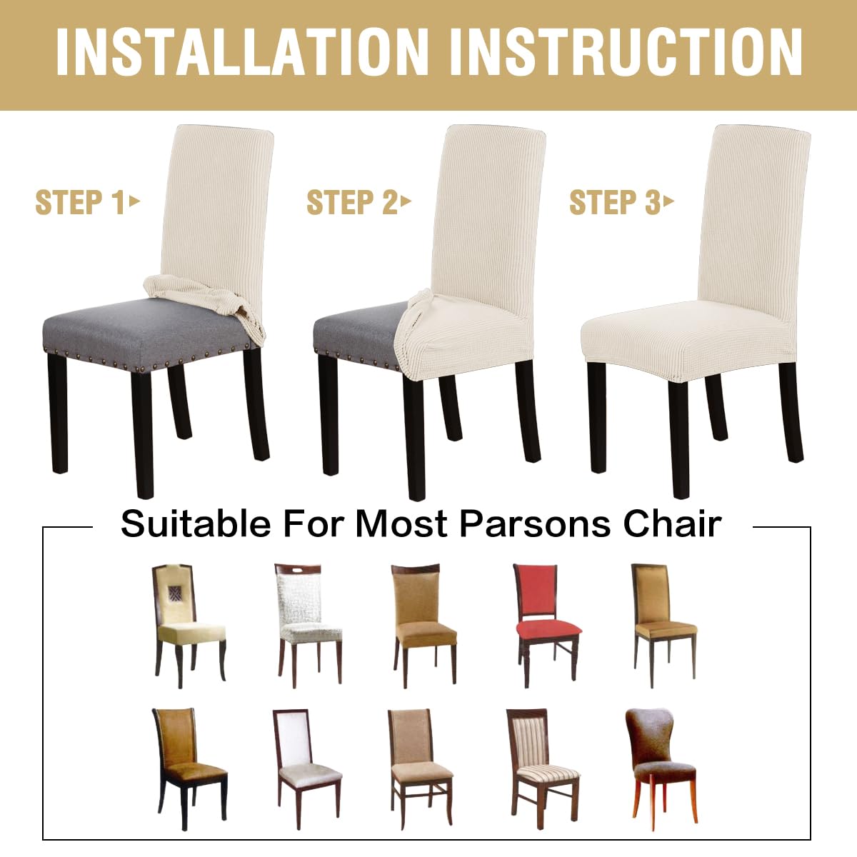 H.VERSAILTEX Stretch Dining Chair Covers Set of 4 Chair Covers for Dining Room Parsons Chair Slipcover Chair Protectors Covers Dining, Feature Textured Checked Jacquard Fabric, Ivory
