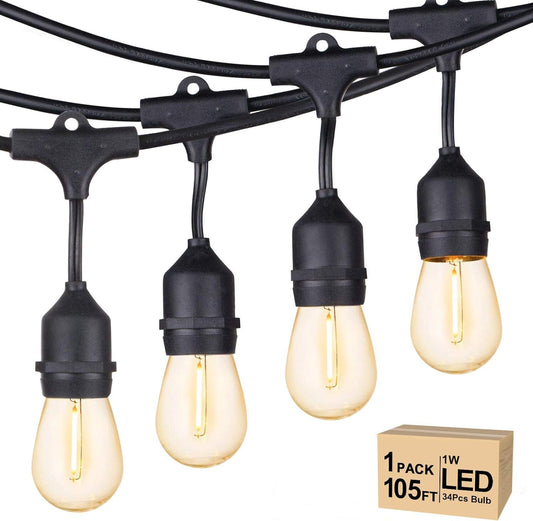 Svater Outdoor String Lights Led 105FT, Commercial Grade Patio Light with 1W Dimmable S14 Shatterproof Bulbs, ETL Listed Heavy-Duty Outside Waterproof Cafe Bistro Market Lighting Warm White