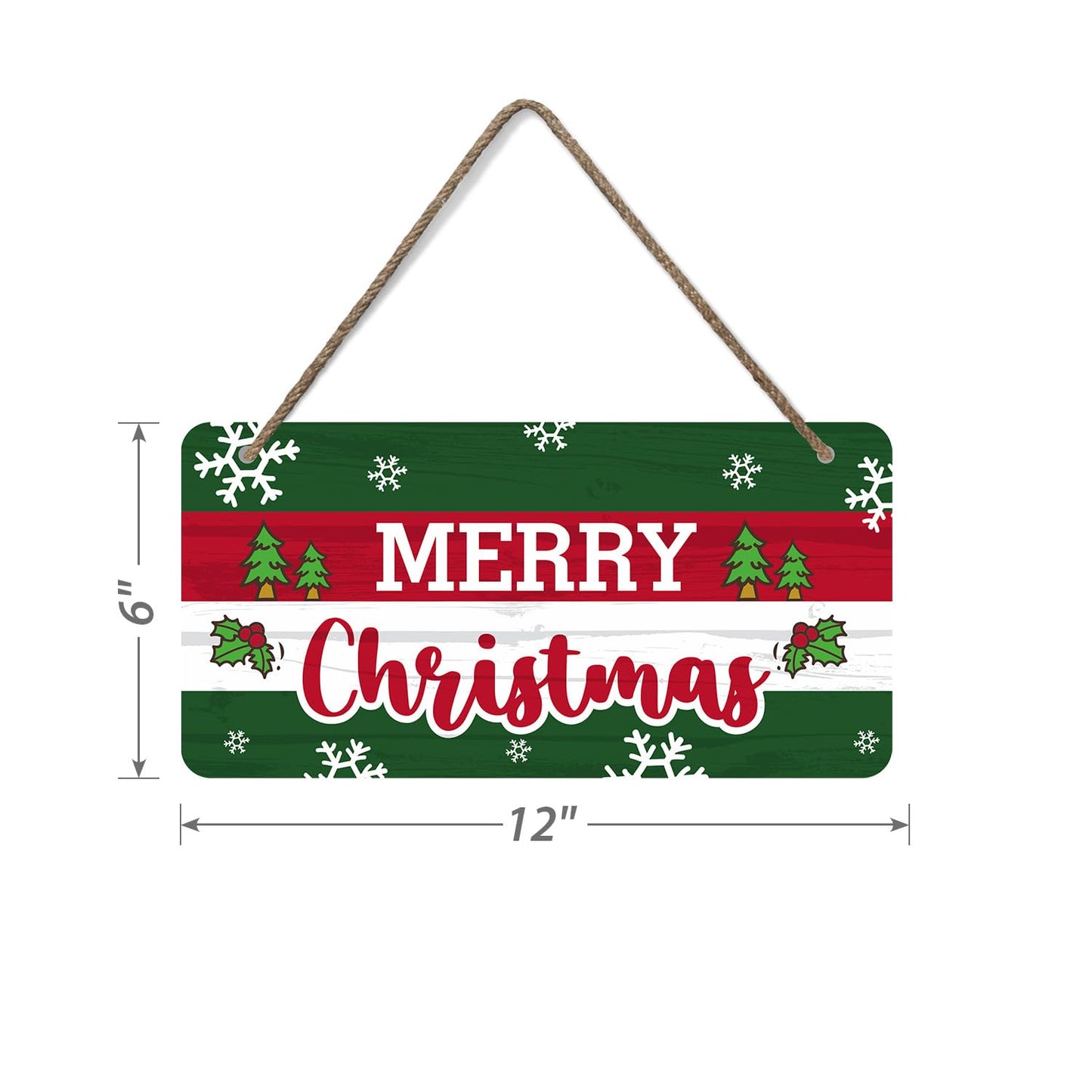 SmartSign 'Merry Christmas' Wooden Hanging Sign with Rope - 6"x12" Holiday Decor For Home/Cafe/Bar/Gifting, Snowflakes/Christmas Tree Prints on Rustic Background, USA-Made