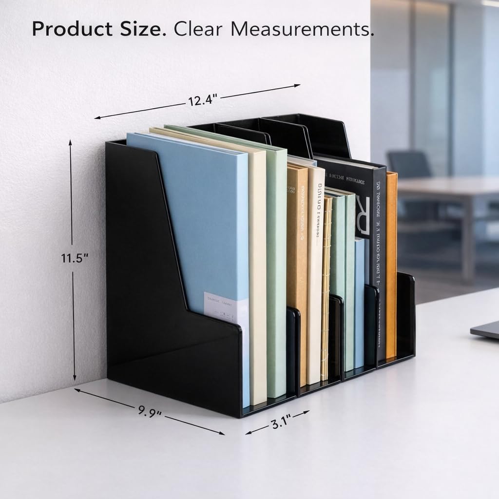 CiWiVOKi Vertical Magazine File Holder, Desk Organizer and Storage for Magazines, Binders, Notebooks, Envelopes, Multi-Purpose Desktop File Organizer for Home, Office & Classroom, 4 Pack, Black