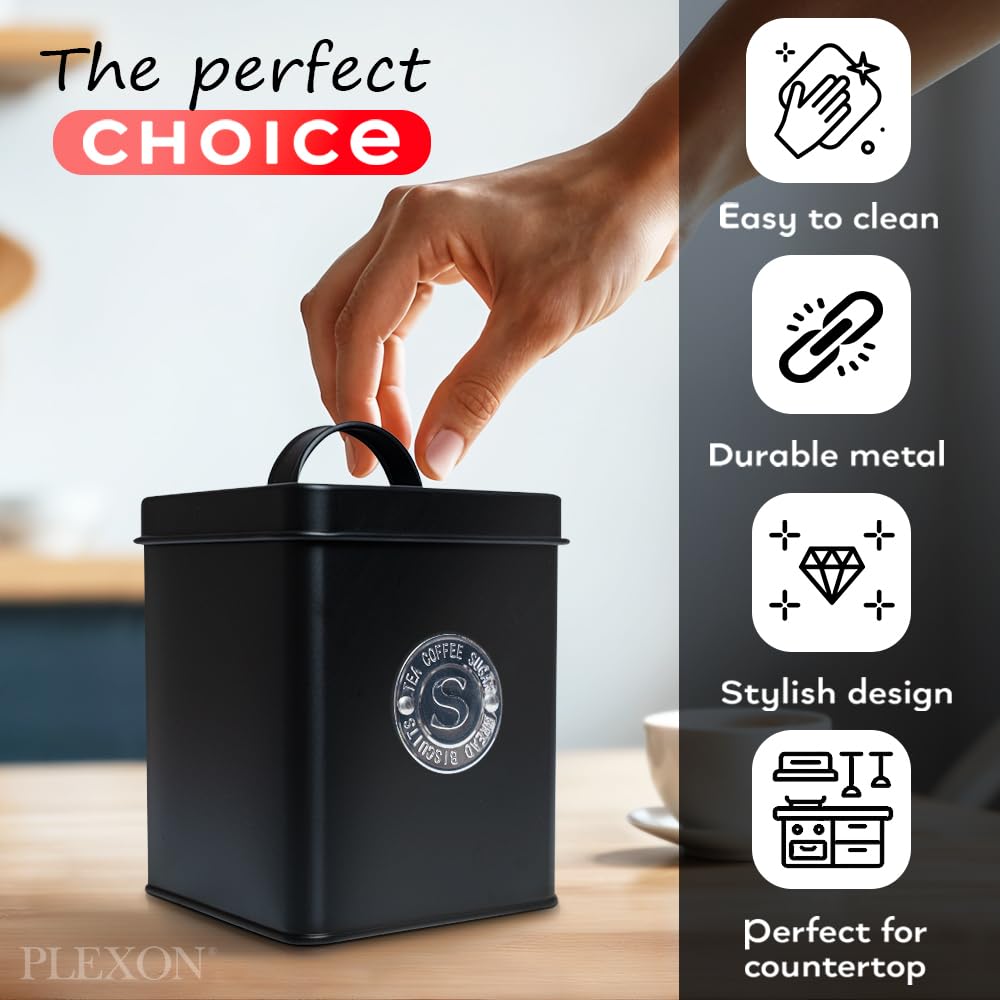 Plexon Canisters Sets for the Kitchen, Kitchen Canisters for Countertop Set of 3, Canister Sets with Lids and Copper Labels, Black