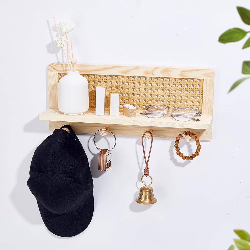 PH PandaHall Rattan Wall Shelf, Rustic Wooden Wall Shelf with Hooks, Decorative Wood Key Holder Rack with Floating Shelf for Entryway Living Room Kitchen Hallway Bedroom Office
