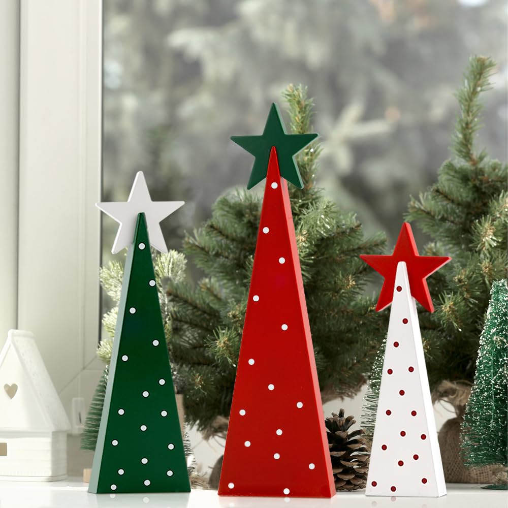 Christmas Decorations Indoor, Christmas Decor - 3 PCS Wooden Xmas Tree Signs with Stars for Home, Table, Fireplace Mantel, Shelf, Office Desk, Party Decor - Xmas Holiday Decorations