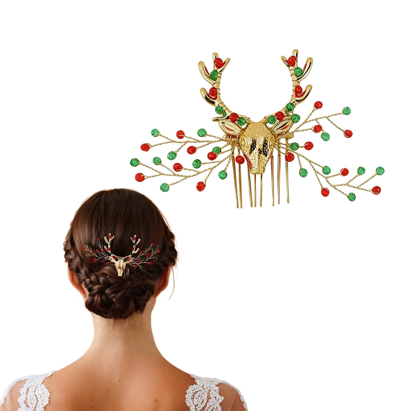 Reindeer Antler Hair Comb with Red Green Beads Gold Christmas Antler Side Comb for Women Cute Xmas Headpiece Red Bridal Accessories for Wedding Birthday Festive Party