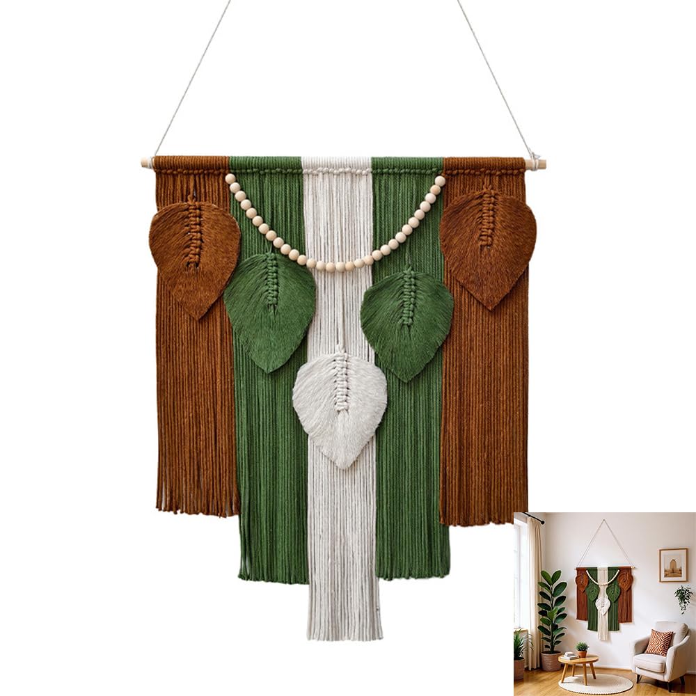 Jditngp Macrame Wall Hanging Boho Leaf Woven Tapestry,Bohemian Chic Home Decor Handmade Leaves Feather Tassel Wooden Bead Pendants Wall Art Decorations for Bedroom Living Room Apartment 23.6"WX43.3"L