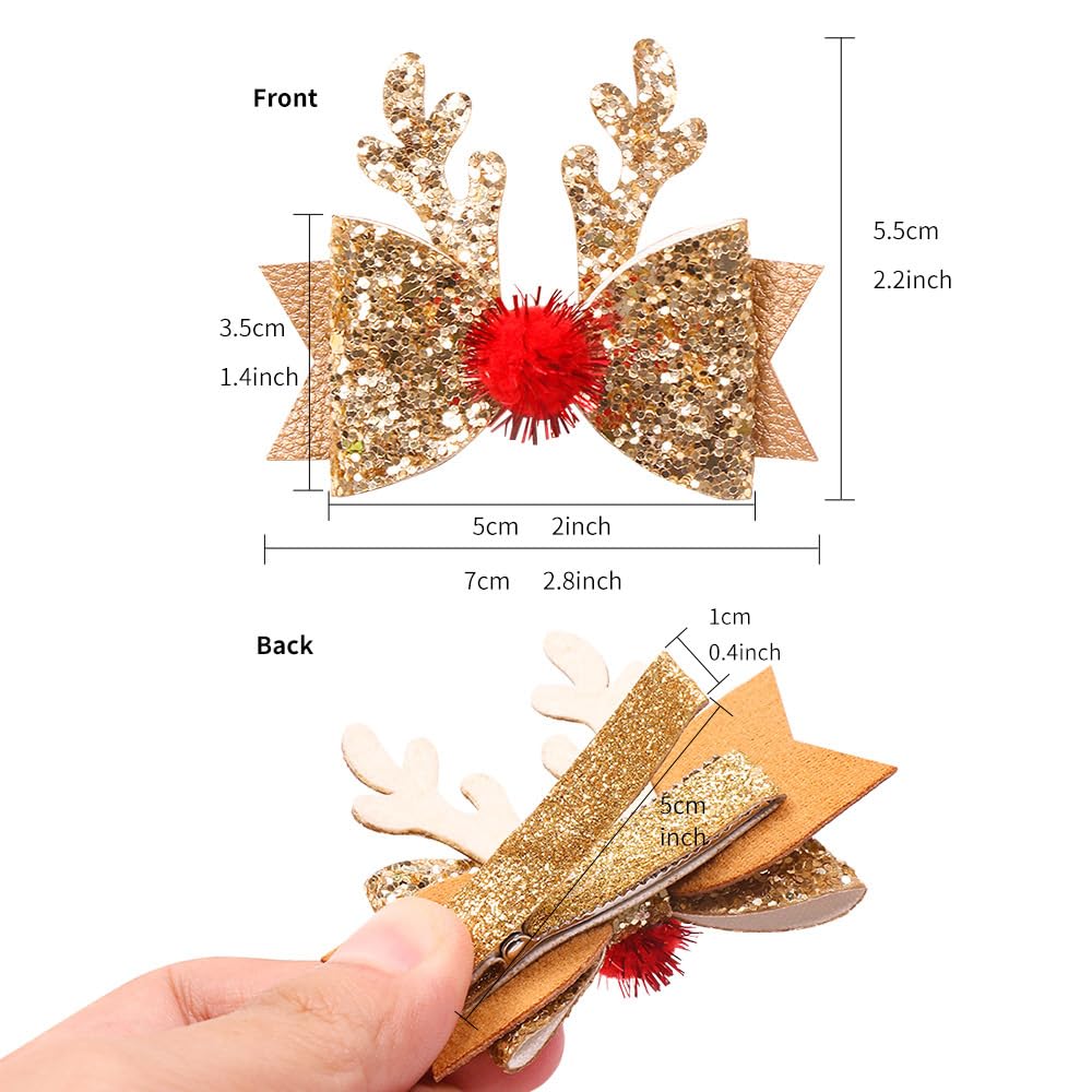 Ulfanit Christmas Hair Clips, Red Gold Sequined Bow Antler Hair Clip Hairpin Xmas Gift, Cute Sparkly Hair Accessories Christmas Costume, New Year, Winter Holiday Celebration, Birthday Party Gift