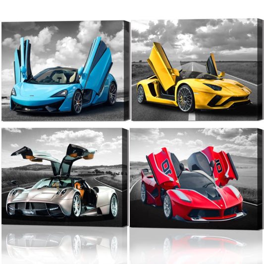 Car Posters Wall Art for Office, Living Room Bedroom Boys Room Décor Sports Wall Art Large Car Art Framed Canvas Print Art Man Cave Decoration Black and White Car Pictures 20"x16", 4pieces
