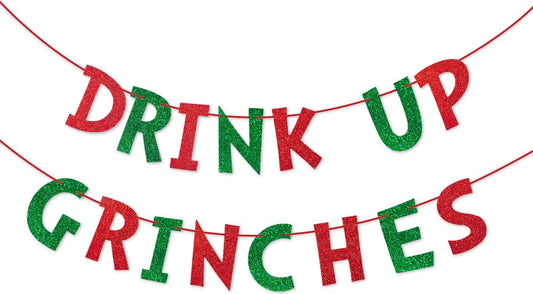Rismise Drink Up Christmas Decorations Red Green Glittery Christmas Banner Xmas Garland Banners Winter Holiday Garland Photo Props Banners Christma Party Decorations for Xmas Backdrop Decorations