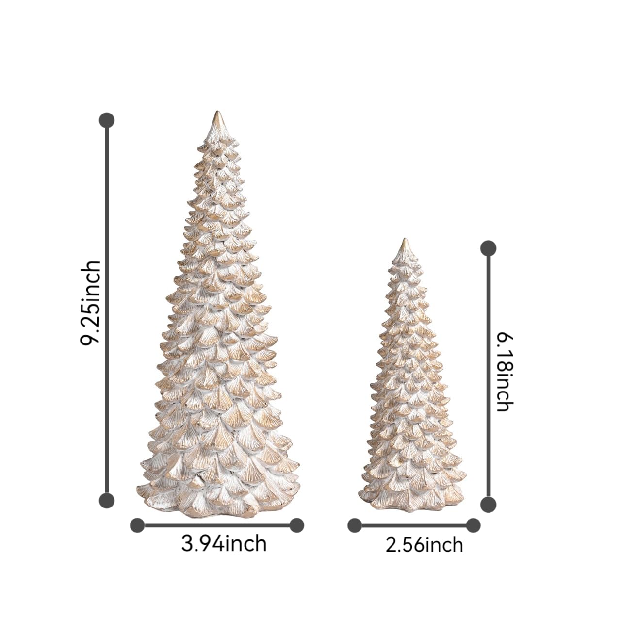 AOMOONOA Resin Christmas Tree Figurines, 2Pcs Distressed White with Gold Table top Christmas Trees, Small Christmas Tree Figurine Set, Decorative Xmas Trees for Rustic Christmas Decor