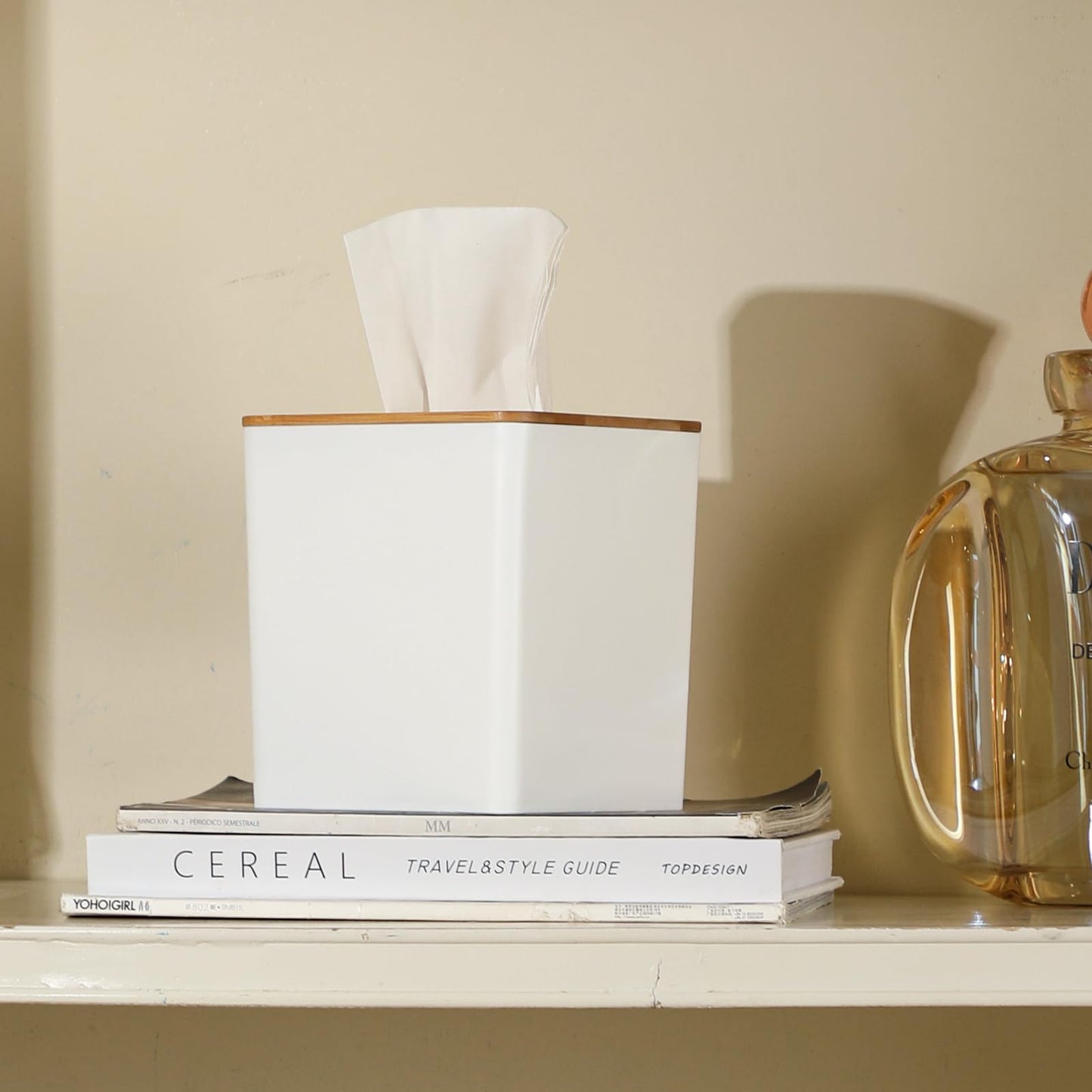 Tissue Box Cover Square,Tissue Box Holder with Bamboo Lid,Tissue Dryer Sheet Holder for Modern Farmhouse Boho Decor,1 Pack,(White)