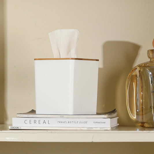 Tissue Box Cover Square,Tissue Box Holder with Bamboo Lid,Tissue Dryer Sheet Holder for Modern Farmhouse Boho Decor,1 Pack,(White)