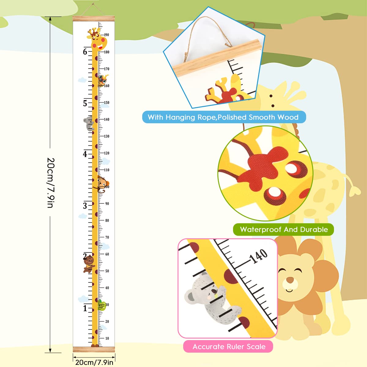 Mibote Baby Growth Height Chart Handing Ruler Wall Decor for Kids, Canvas Removable Height Growth Chart 79" x 7.9" (Giraffe)